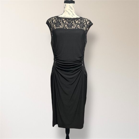 Ralph Lauren Black Sequin Lace Illusion Sheath Midi Dress Ruched Waist Cocktail - Picture 1 of 8